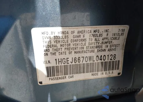 1998 Honda Civic Lx z USA, uszkodzony, nr VIN 1HGEJ6670WL040128